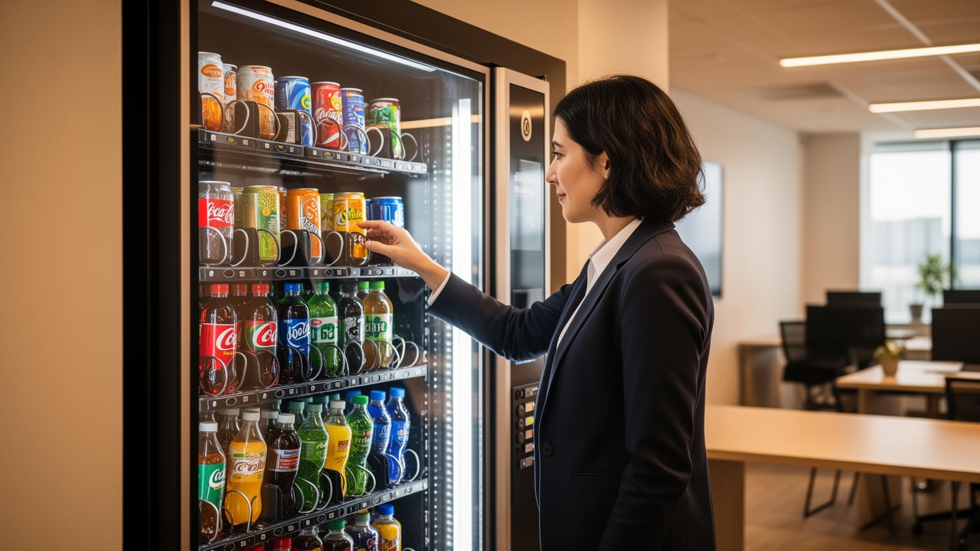 Person selecting a drink from a modern vending machine in a clean office breakroom